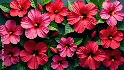 Bold blooming hibiscus blossoms arranged in a square grid , bloom, grid