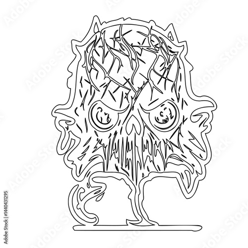 Intricate line art depicting a grotesque, distorted skull with thorny elements