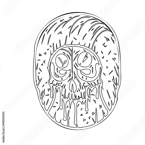 Stylized skull illustration with clock eyes and melting aesthetic elements