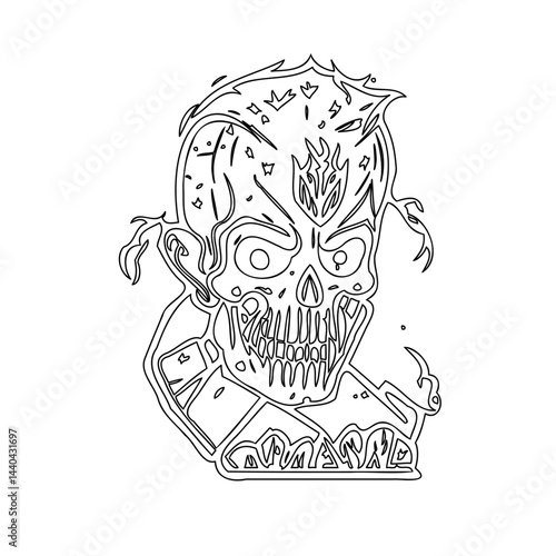 Minimalist linear illustration: Grotesque skull with stylized flame and shattered appearance