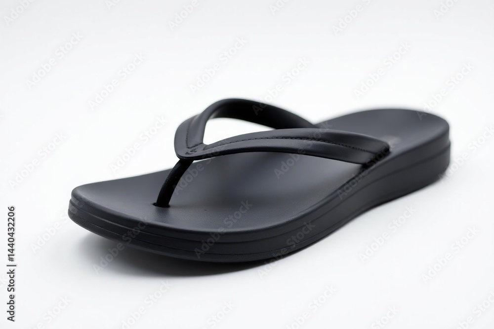 Single black flip-flop on white background, studio shot , object, background, beach Single black flip-flop on white background, studio shot , object, background, beach