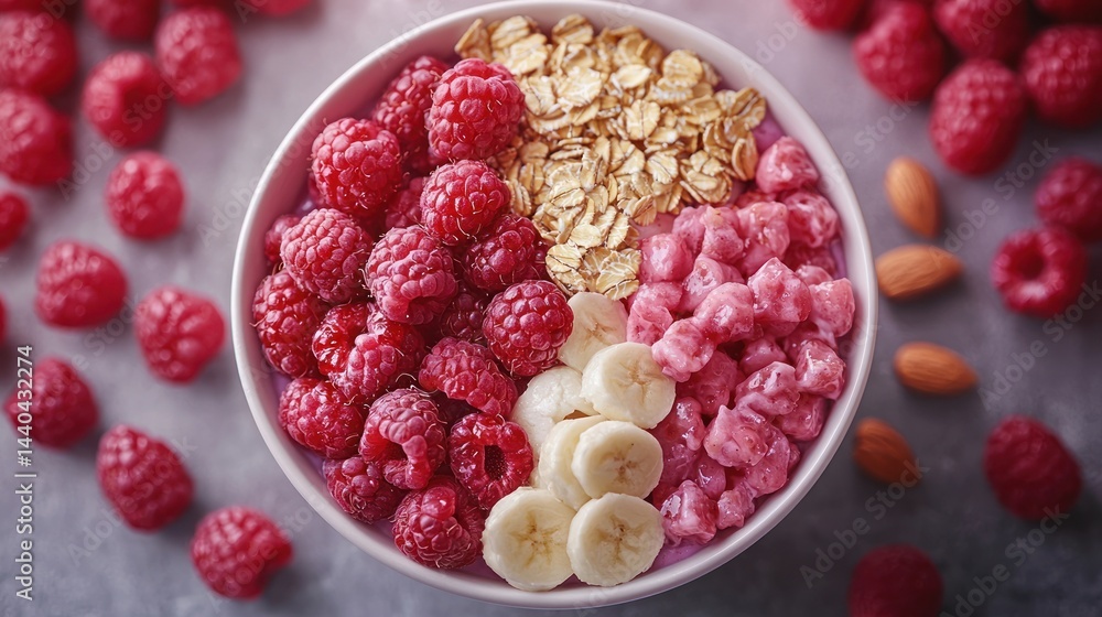 Bowl of raspberries oats banana slices and pink cereal on a surface. Bowl of raspberries oats banana slices and pink cereal on a surface.