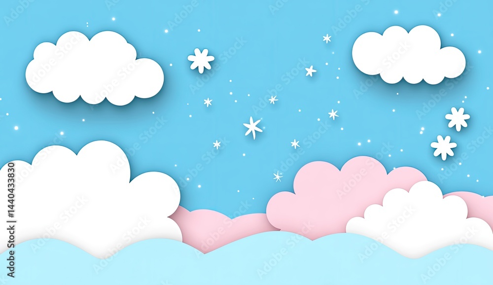 Paper-cut clouds, snowflakes, and pastel sky Paper-cut clouds, snowflakes, and pastel sky