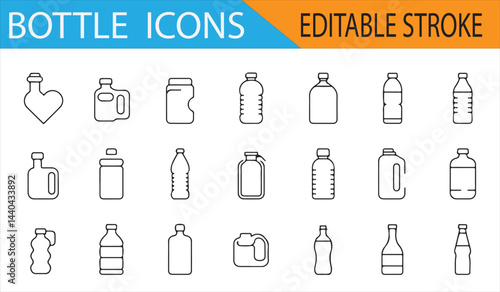 Editable vector icons of various bottles including water, milk, and plastic bottles.