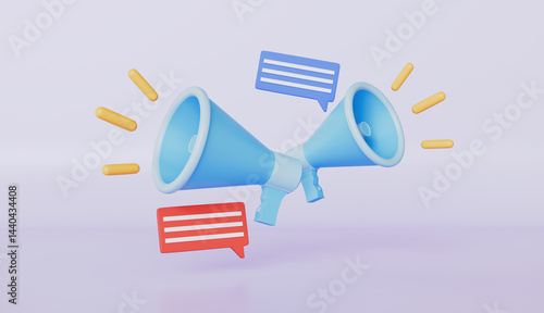 Megaphone with messages icon, Online marketing with loudspeaker 3d illustration