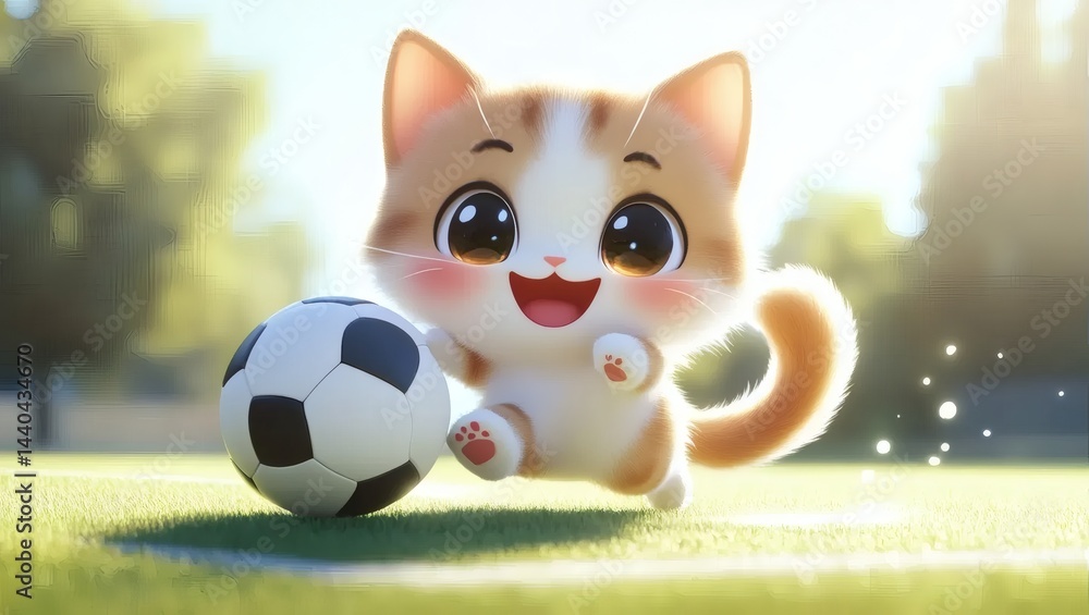 Fototapeta premium Cat Playing Soccer with a Ball on Green Grass Field