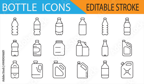 Editable stroke icons of different bottle designs, perfect for product packaging and beverage projects.