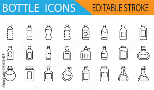 Collection of bottle icons in line art, including water, milk, and other beverage containers.