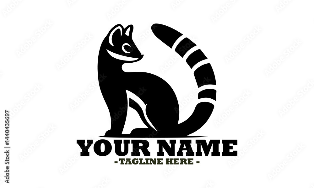 Elegant black silhouette of a civet cat with a long, curved tail standing gracefully. Exotic mammal illustration concept, civet line art silhouette vector illustration and civet logo icon Elegant black silhouette of a civet cat with a long, curved tail standing gracefully. Exotic mammal illustration concept, civet line art silhouette vector illustration and civet logo icon