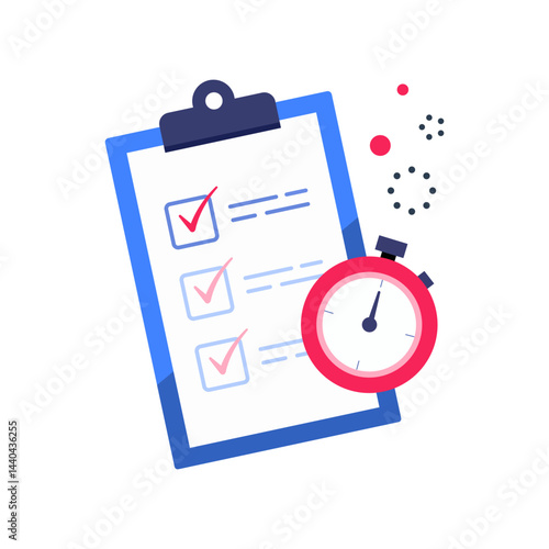 Fast services, check list and stopwatch icon, to do planning, efficiency, project management, quick task completion, productivity, short surveys, and scheduling concepts. Flat vector illustration.