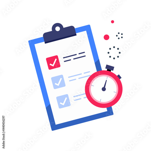 Task checklist with stopwatch icon, flat vector illustration for time management, to do list, efficiency, productivity, task planning, short survey, project scheduling, and fast services concepts.