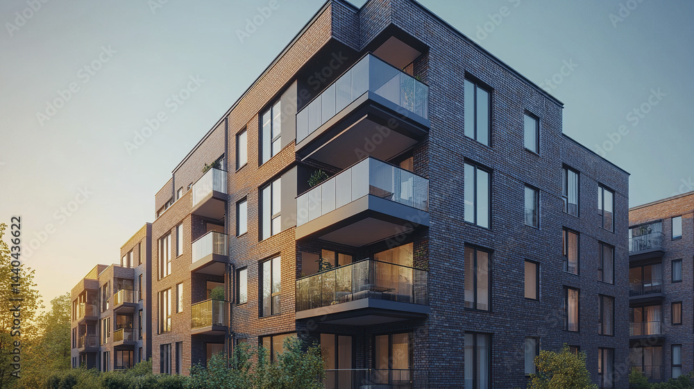Modern residential buildings with brick and glass, showcasing contemporary architecture Modern residential buildings with brick and glass, showcasing contemporary architecture