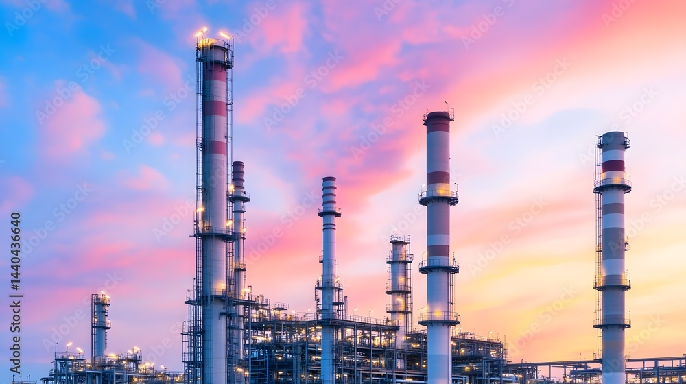 Obraz premium Dramatic Skyline of Refinery at Dusk with Glowing Smokestacks and Vapor