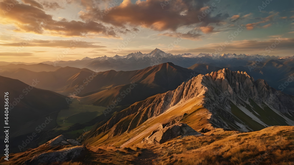 Fototapeta premium Scenic Mountain Landscape at Sunset with Golden Light and Majestic Peaks