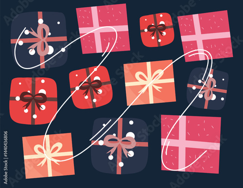 Collection of colorful wrapped Christmas presents stacked in festive flat graphic style