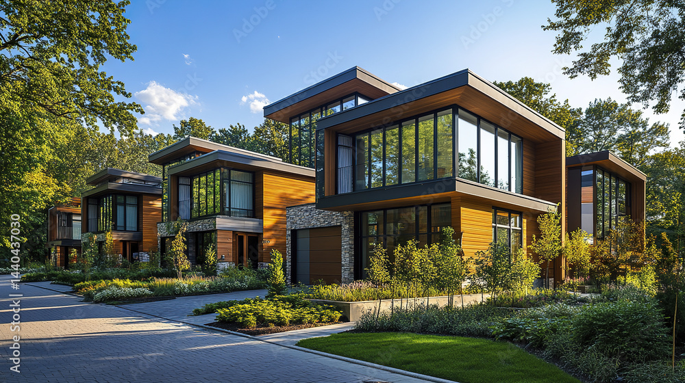 Modern suburban homes with sleek designs and large windows create serene atmosphere Modern suburban homes with sleek designs and large windows create serene atmosphere