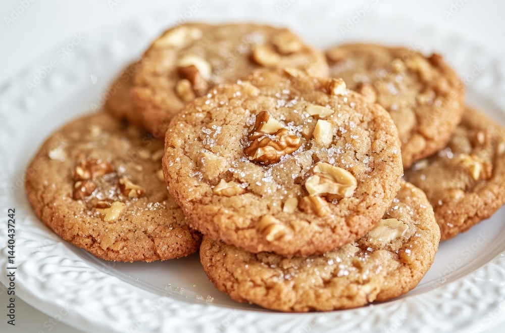 Freshly Baked Cookies with Walnut Toppings on Decorative Plate, Perfect for Dessert, Snack or Treat Enjoyed at Home or Gatherings Freshly Baked Cookies with Walnut Toppings on Decorative Plate, Perfect for Dessert, Snack or Treat Enjoyed at Home or Gatherings
