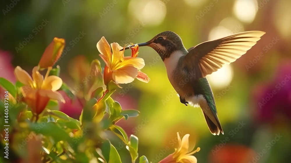 Naklejka premium Hummingbird Close-Up on Flower for Modern Wildlife Art