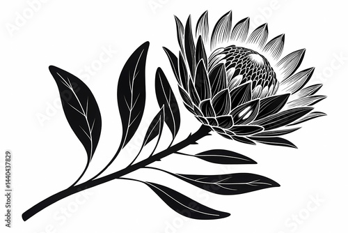 Elegant Black and White Protea Flower Illustration Botanical Art Print, Nature Inspired Design, South African Floral Artwork, Exquisite Line Art,  Monochromatic Floral Design