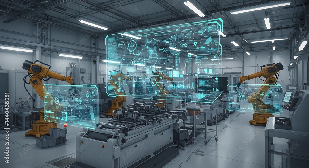Naklejka premium Modern Factory with Robotic Arms and Digital Overlays