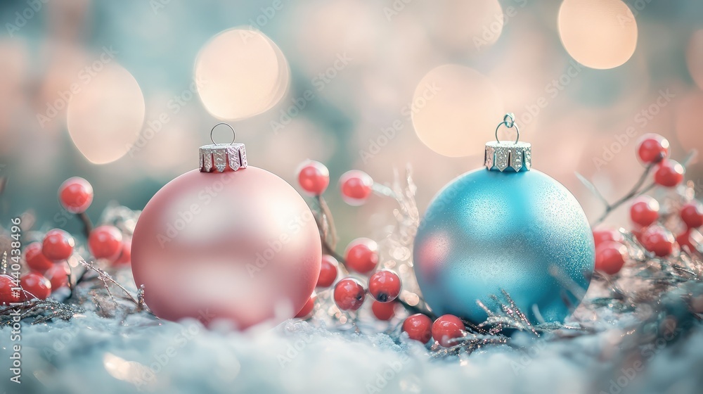 Elegant holiday ornaments and metallic ribbons placed on a soft, colorful holiday background Elegant holiday ornaments and metallic ribbons placed on a soft, colorful holiday background