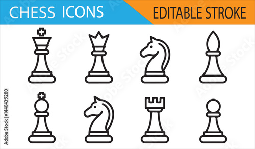 Set of editable stroke icons featuring chess pieces such as king, queen, and knight.