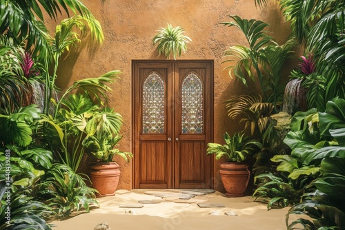 Tropical courtyard entrance with ornate wooden doors.