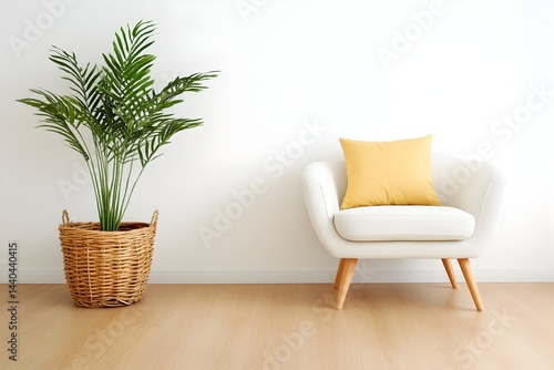 A white armchair with a yellow cushion sits beside a potted palm plant in a light-filled room