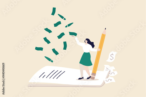 Make money from writing blog online, monetize content, get income or earning from affiliate links concept, success freelance woman blogger or writer catching money banknotes fall from the sky.