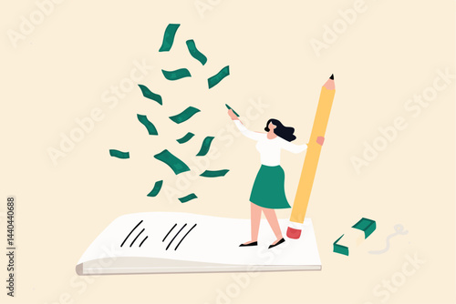 Make money from writing blog online, monetize content, get income or earning from affiliate links concept, success freelance woman blogger or writer catching money banknotes fall from the sky.