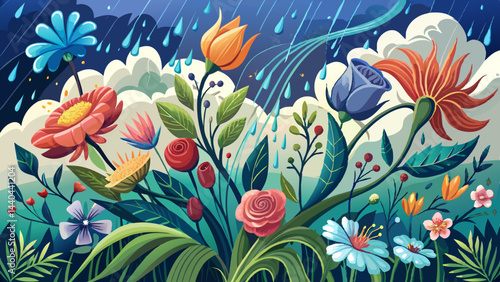 Very beautiful Floral Rainstorm, Delicate Blooms, Nature's Symphony 