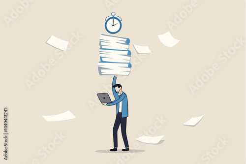 Ability to work under pressure, leadership skill to success, control stressed complete work within timeline concept, calm confident businessman working with laptop while carrying load of paperwork.