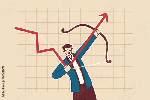 Economic recovery, change to rising up profit or growth, fed interest rate hike, inflation rising up concept, confidence businessman federal reserve turn down trend graph to be rising up with his bow.