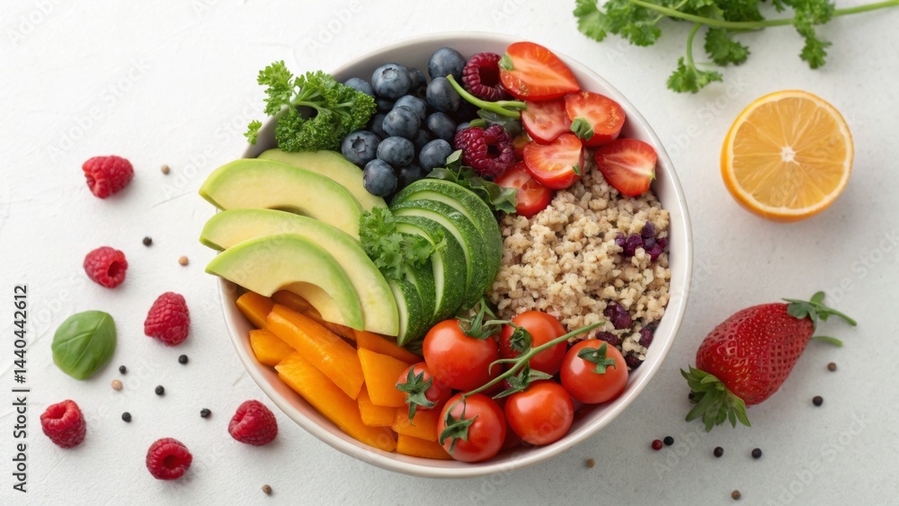 Fresh bowl filled with assorted fruit and vegetables promoting healthy eating habits and nutrition in a colorful display Fresh bowl filled with assorted fruit and vegetables promoting healthy eating habits and nutrition in a colorful display