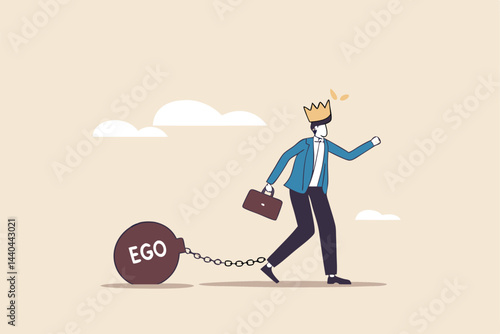 Ego burden, too much confident boss, narcissism and self involvement problem, self esteem and self important mistake concept, confidence businessman wear king crown chain with heavy EGO burden weight.