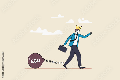 Ego burden, too much confident boss, narcissism and self involvement problem, self esteem and self important mistake concept, confidence businessman wear king crown chain with heavy EGO burden weight.