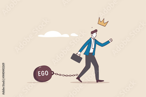 Ego burden, too much confident boss, narcissism and self involvement problem, self esteem and self important mistake concept, confidence businessman wear king crown chain with heavy EGO burden weight.