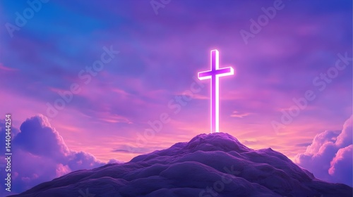 Glowing purple cross atop a hill against a vibrant sunset sky