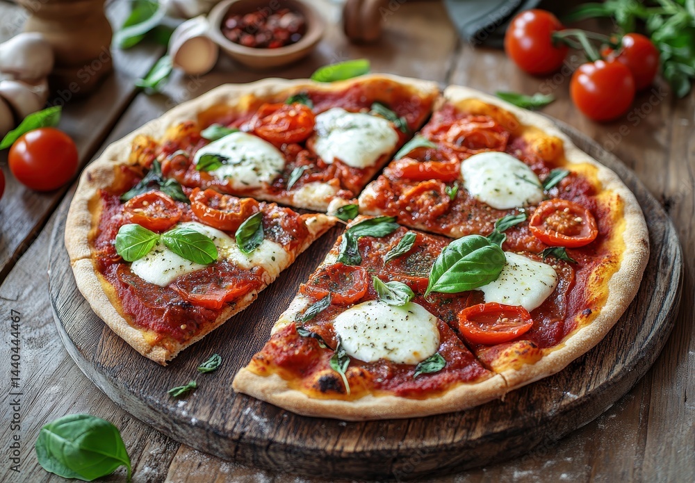 Freshly Baked Margherita Pizza with Melted Cheese and Basil Leaves on Rustic Wooden Table Surrounded by Ingredients and Herbs Freshly Baked Margherita Pizza with Melted Cheese and Basil Leaves on Rustic Wooden Table Surrounded by Ingredients and Herbs