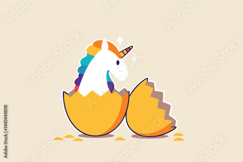 Unicorn startup company, venture capital to fund small company to success in world business competition, begin or start new company concept, precious unicorn with rainbow just hatch from golden egg.
