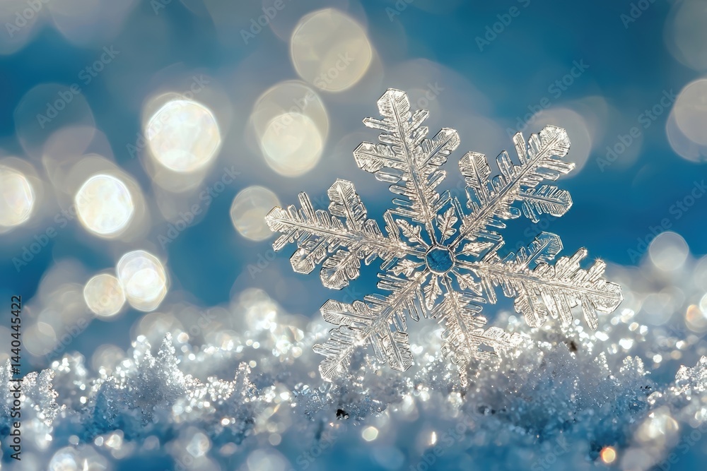 Stunning Close-Up of a Single Snowflake on a Snowy Surface Stunning Close-Up of a Single Snowflake on a Snowy Surface
