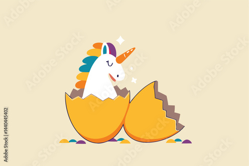 Unicorn startup company, venture capital to fund small company to success in world business competition, begin or start new company concept, precious unicorn with rainbow just hatch from golden egg.