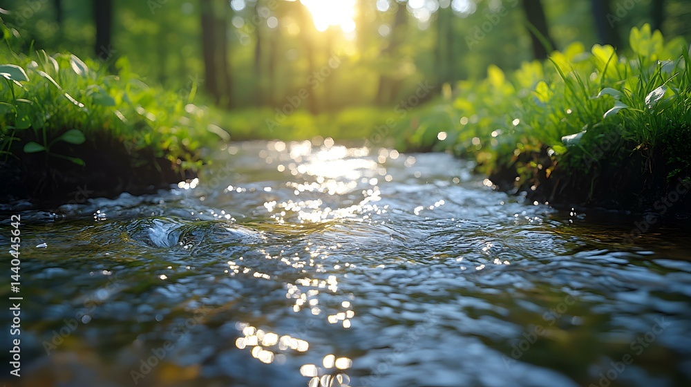 Fototapeta premium Sunlight Glimmering on Stream in a Lush Forest, Sparkling Water and Greenery on Banks, Woodland Scenery for Springtime Projects
