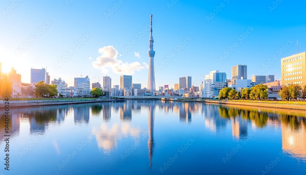 Fototapeta premium Sunrise cityscape reflected in calm water; tall tower dominates skyline