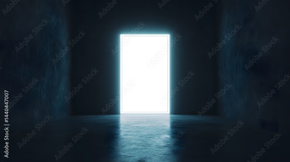 Mysterious Glowing Doorway in Dark Hallway Symbolizing Mysterious Glowing Doorway in Dark Hallway Symbolizing