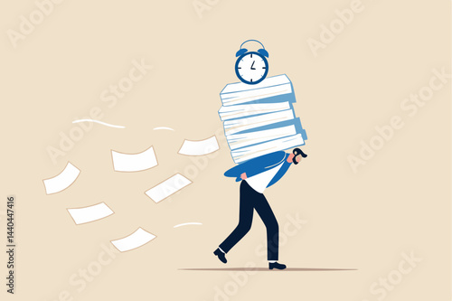 Busy workload and deadline causing exhaustion and burnout, overload or overworked office routine concept, tired businessman carrying heavy documents paperwork with alarm clock deadline on top.