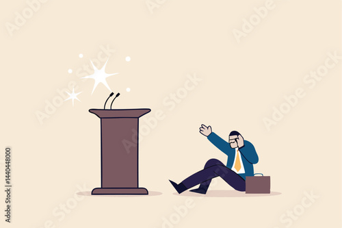 Fear of public speaking, nervous or stress to talk on stage, podium phobia, shy and frightening to give speech to people, fearful nervous businessman sitting hidden behind public speaking podium.