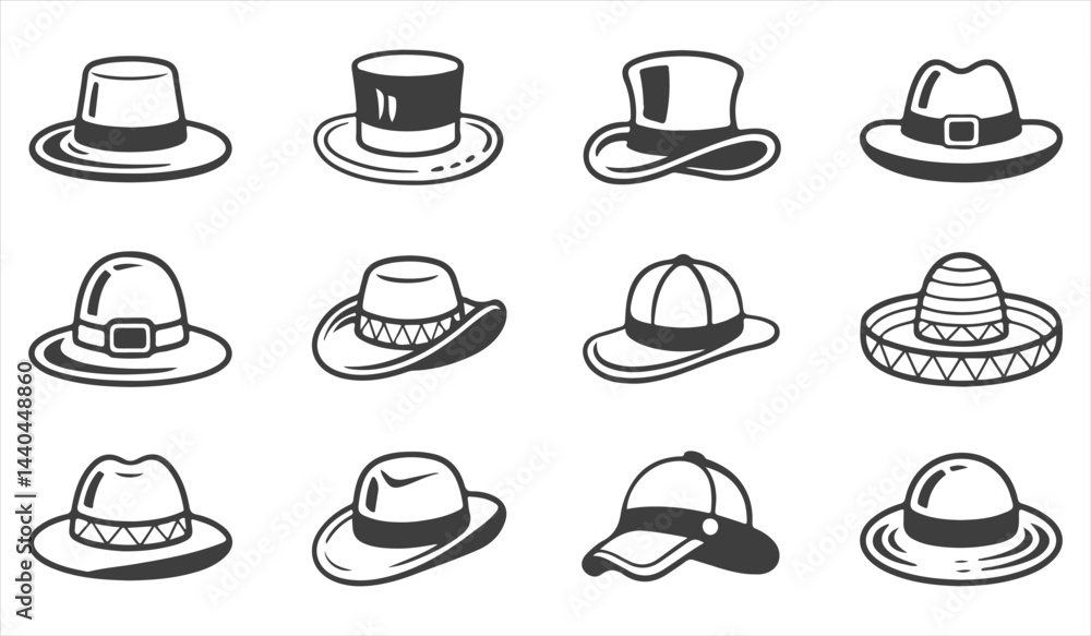 Set of 16 hats in editable stroke style, featuring various headgear designs for fashionable projects. Set of 16 hats in editable stroke style, featuring various headgear designs for fashionable projects.