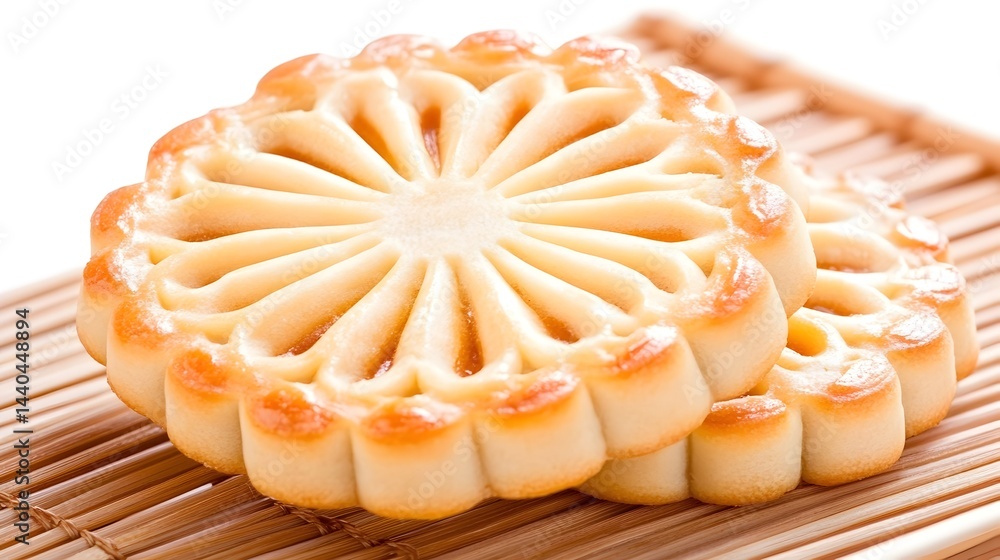 Two round, golden-brown cookies with a sunburst design and creamy filling, rest on a bamboo mat Two round, golden-brown cookies with a sunburst design and creamy filling, rest on a bamboo mat