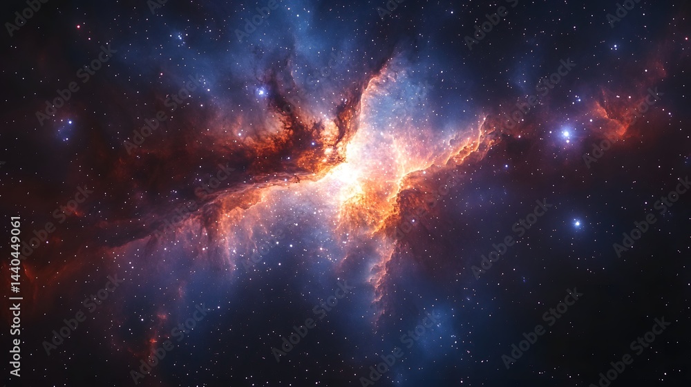 Cosmic cloudscape reveals fiery orange nebula amid field of sparkling stars against dark blue void of space Cosmic cloudscape reveals fiery orange nebula amid field of sparkling stars against dark blue void of space